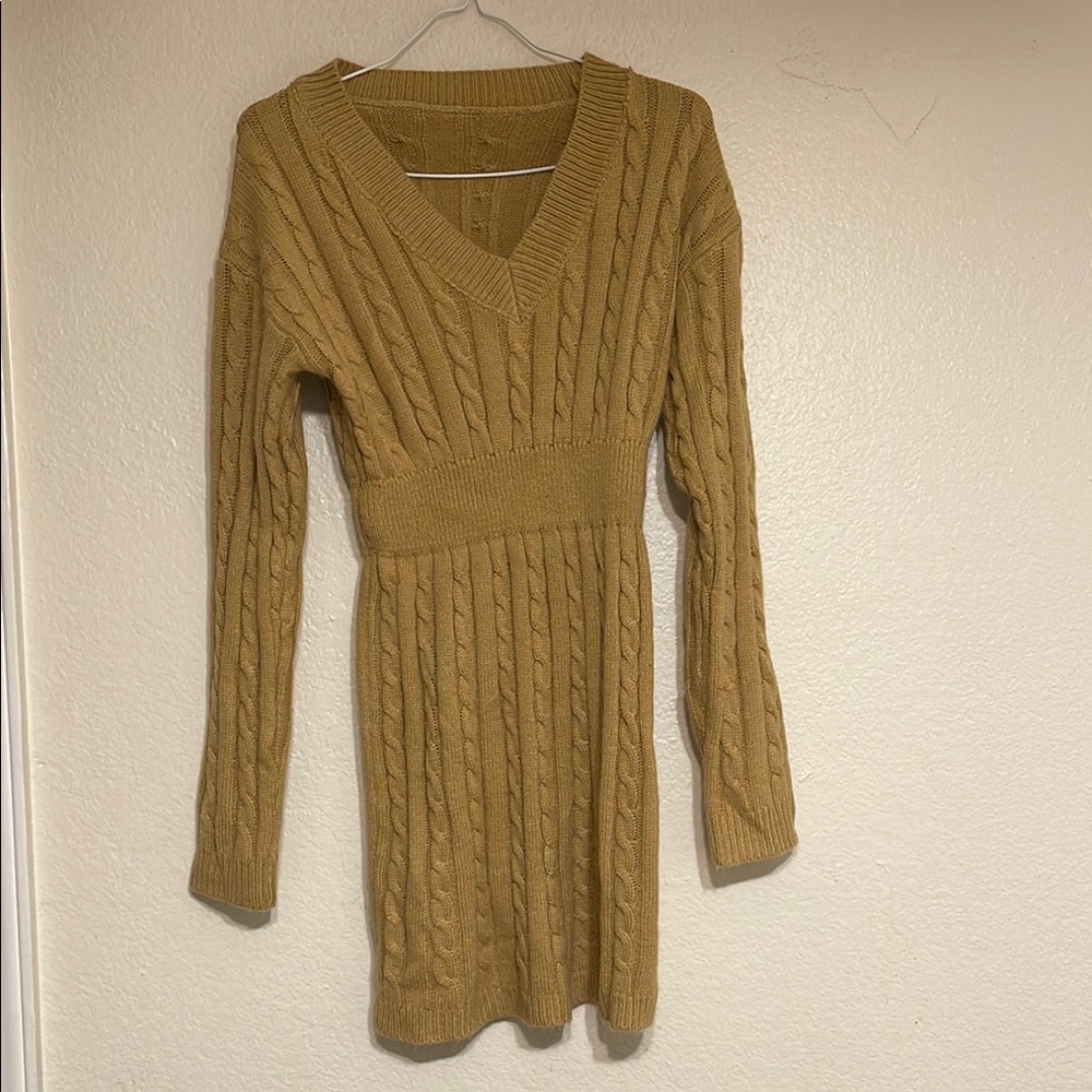 Cable Knit Sweater Dress - Tan
